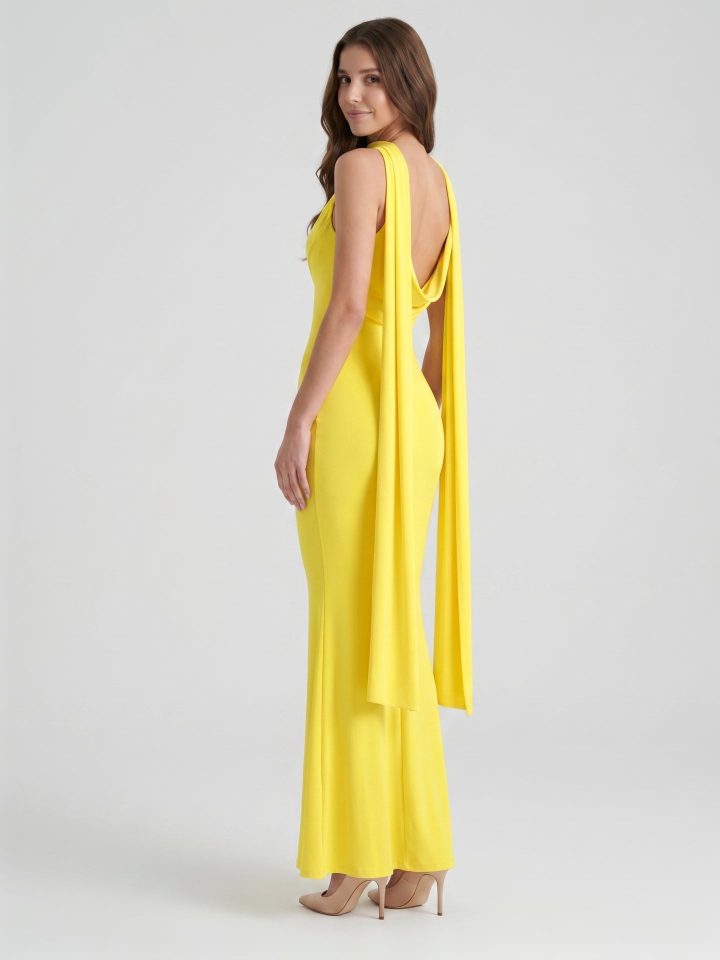 Lemon Stretch Knit Mermaid Cowl Neck Backless Floor-Length Bridesmaid Dress with Pleats
