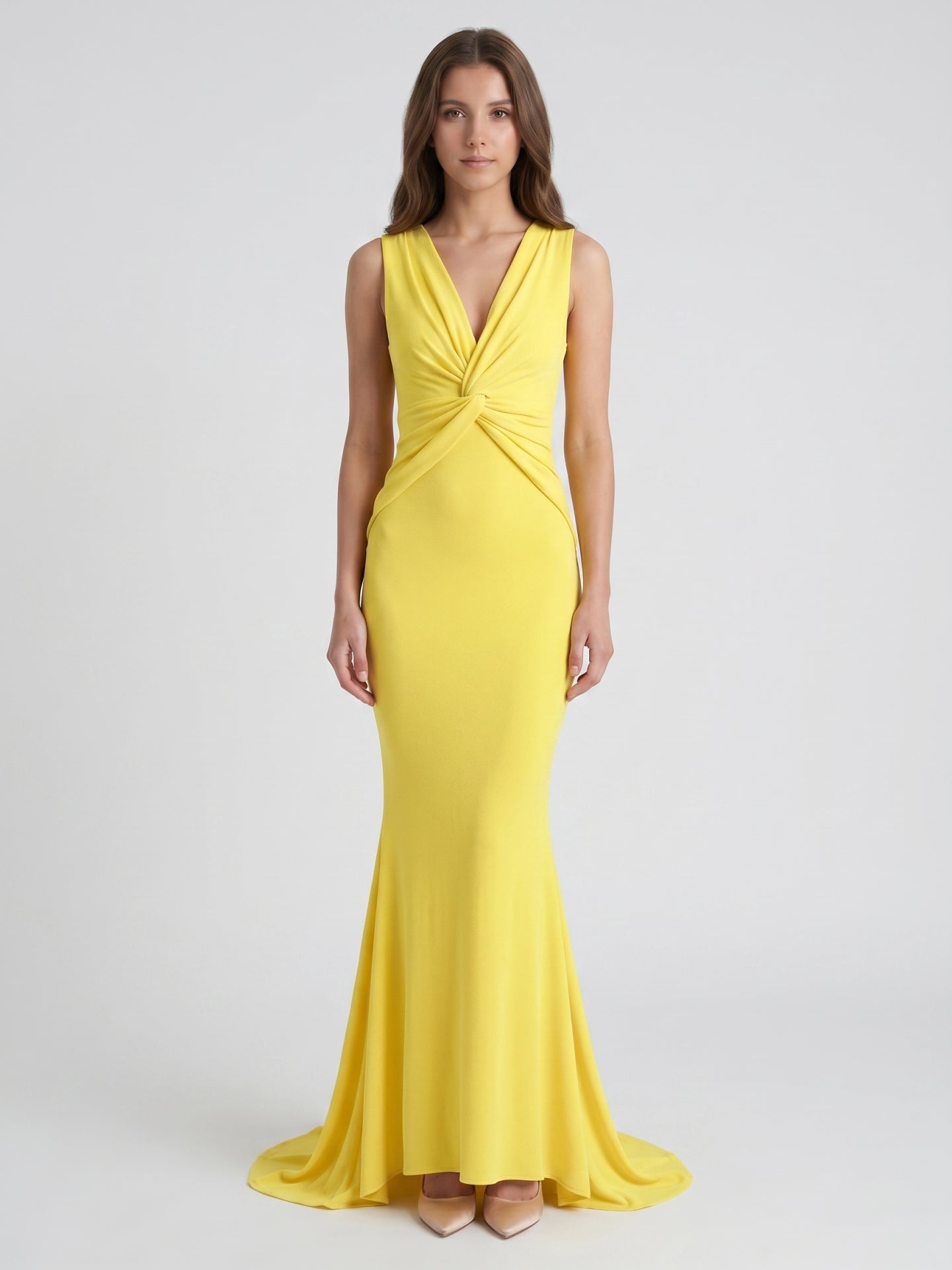 Lemon Stretch Knit Mermaid V-Neck Floor-Length Bridesmaid Dress with Pleats