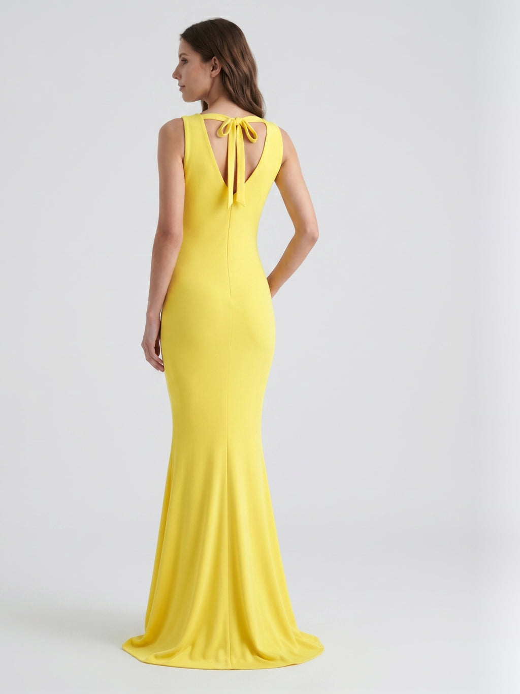 Lemon Stretch Knit Mermaid V-Neck Floor-Length Bridesmaid Dress with Pleats