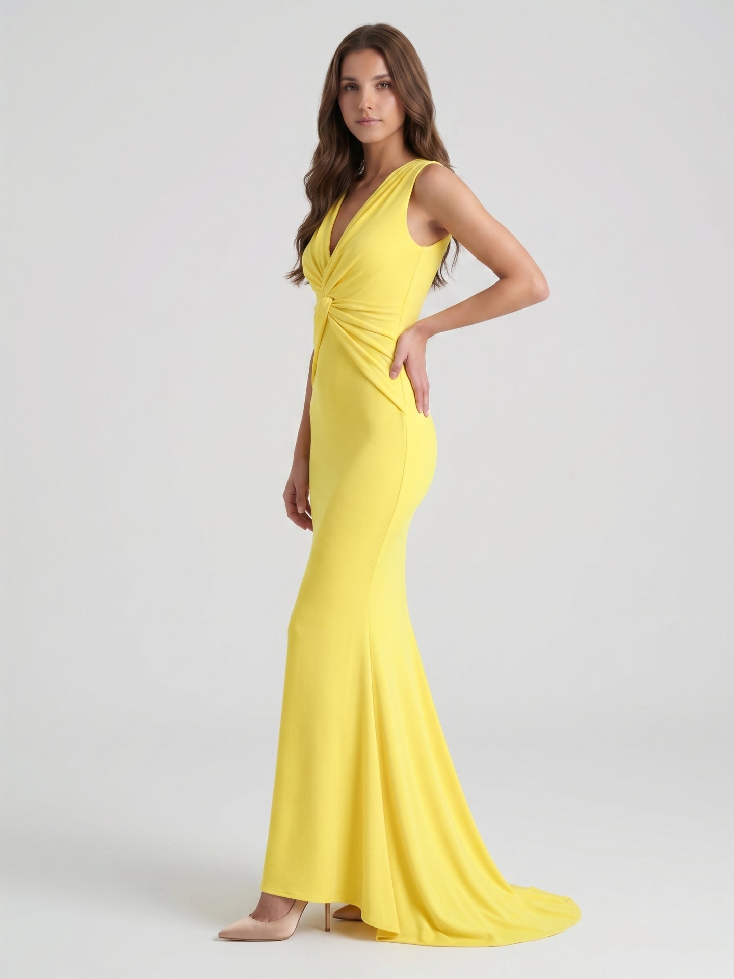 Lemon Stretch Knit Mermaid V-Neck Floor-Length Bridesmaid Dress with Pleats