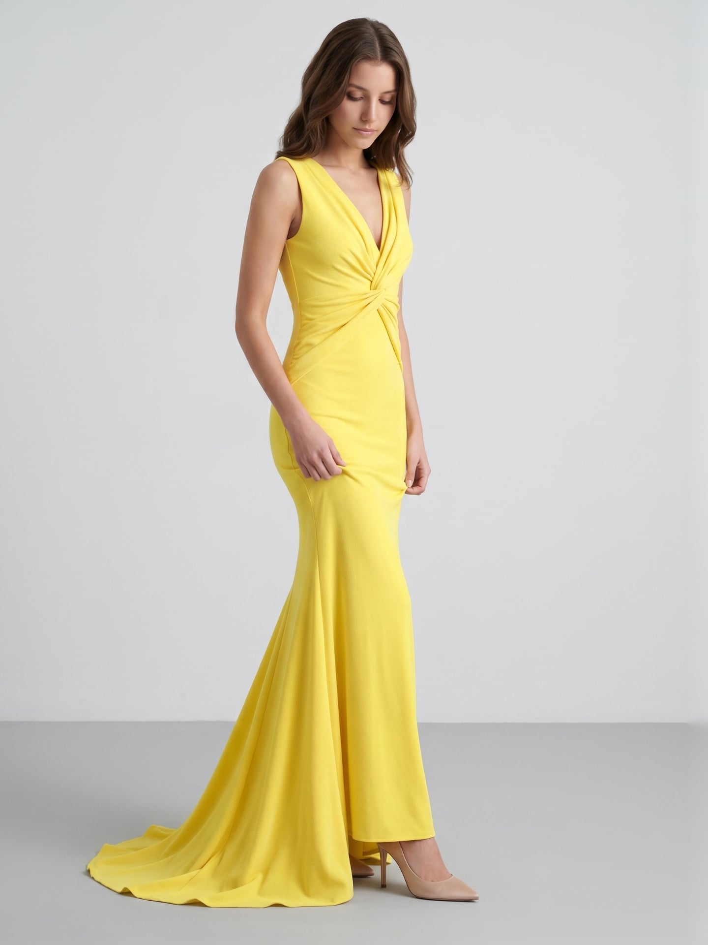 Lemon Stretch Knit Mermaid V-Neck Floor-Length Bridesmaid Dress with Pleats