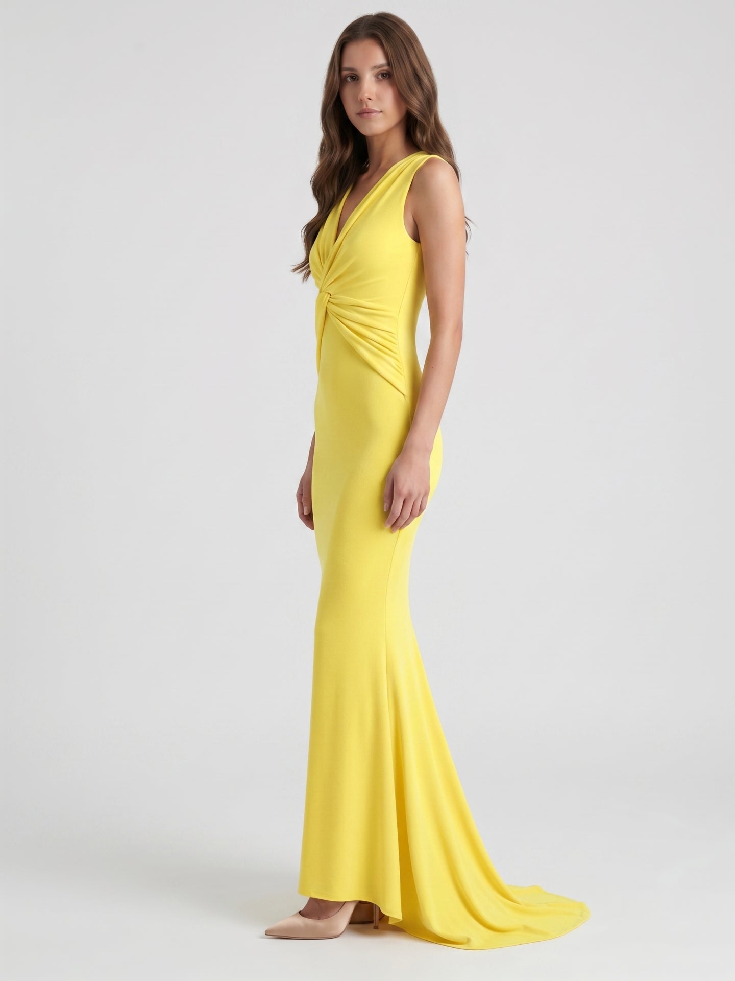Lemon Stretch Knit Mermaid V-Neck Floor-Length Bridesmaid Dress with Pleats
