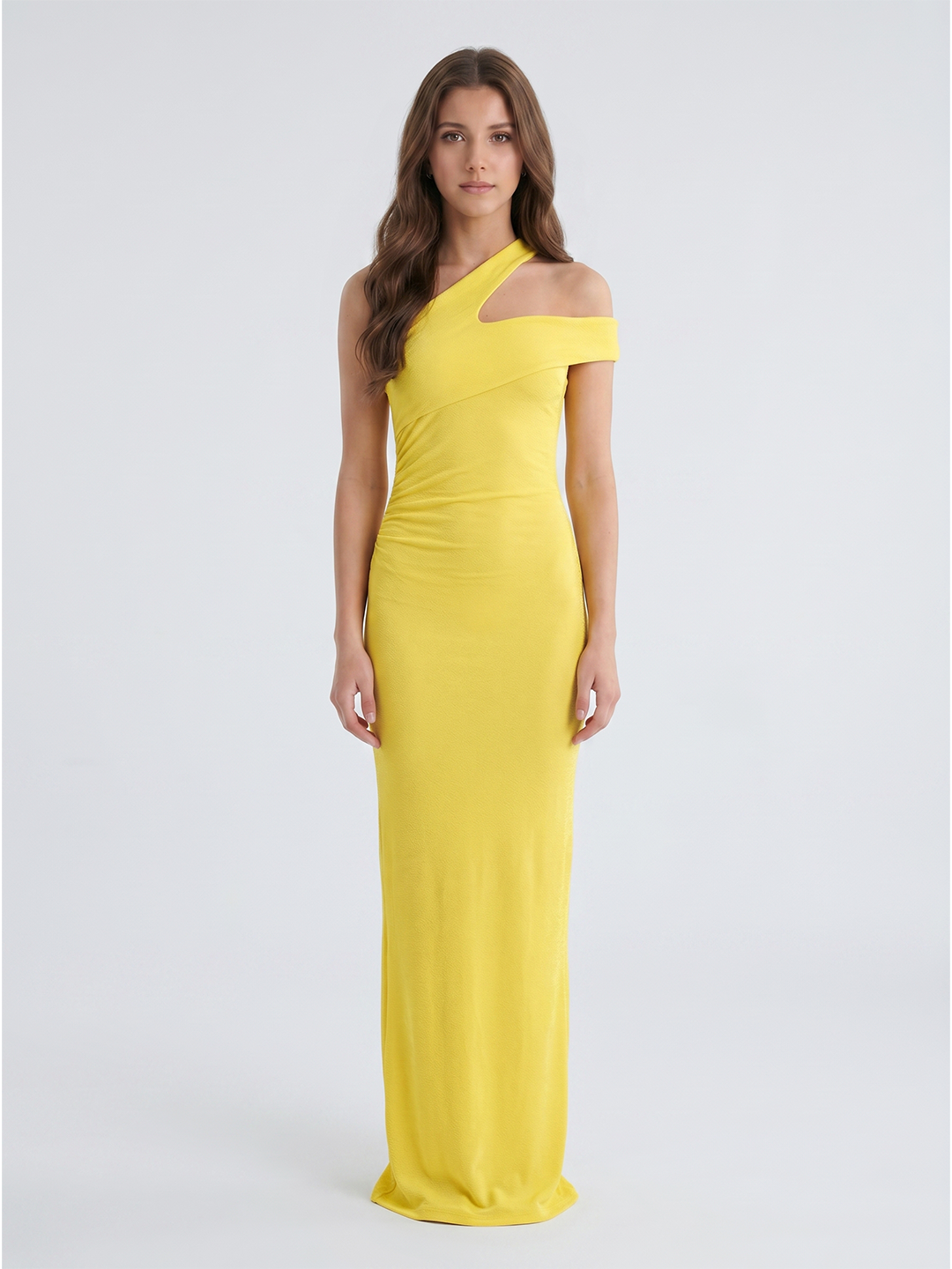 Lemon Stretch knit Sheath One Shoulder Side Zip Ankle Bridesmaid Dress with Pleats-1
