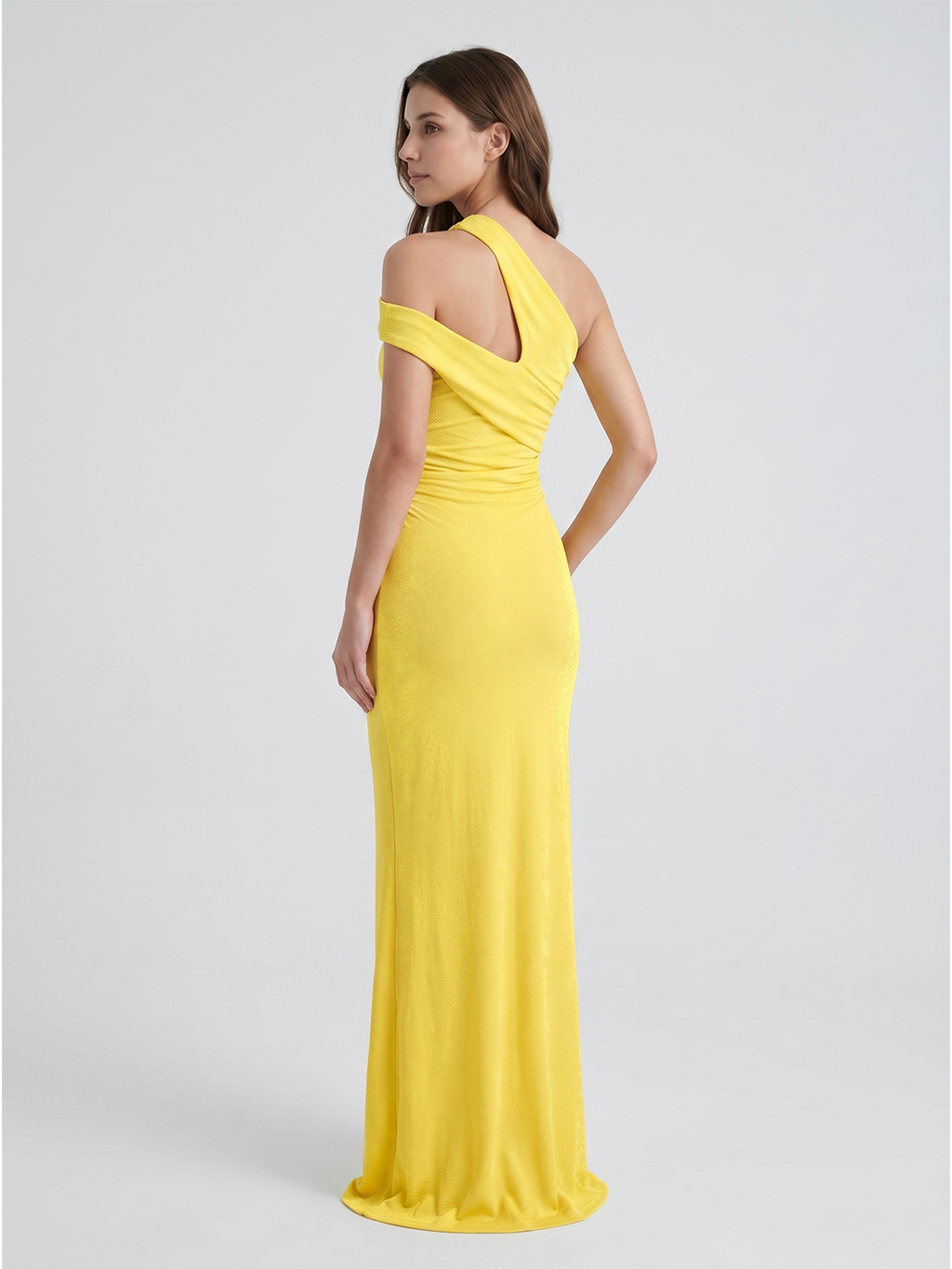 Lemon Stretch knit Sheath One Shoulder Side Zip Ankle Bridesmaid Dress with Pleats-1