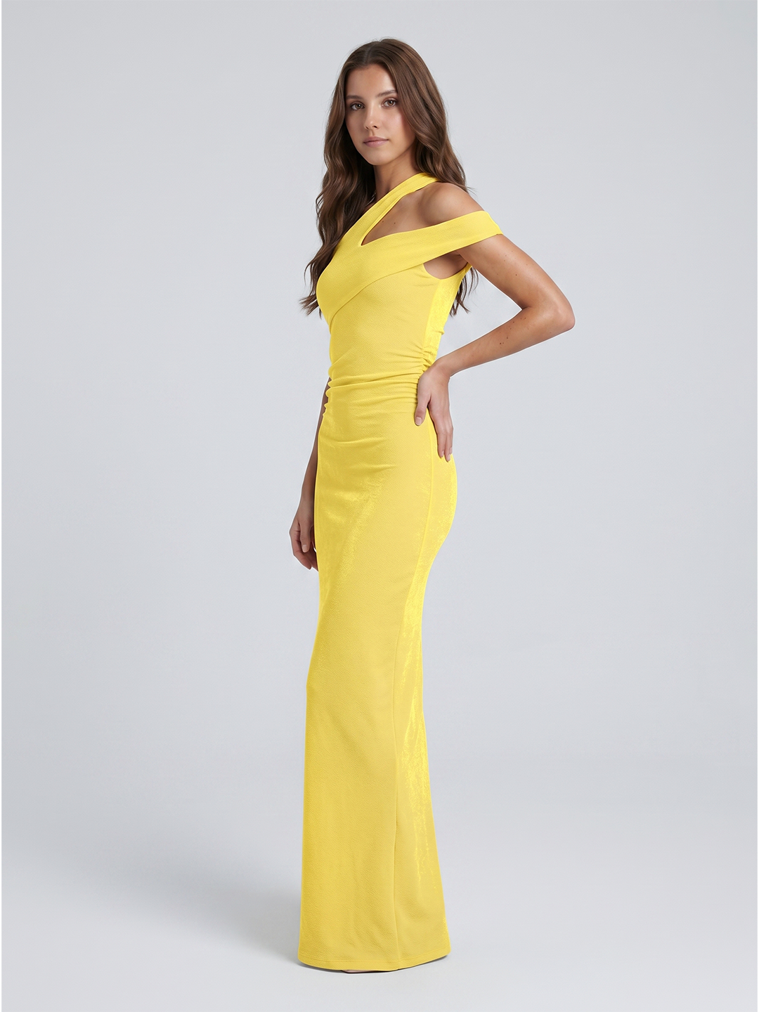 Lemon Stretch knit Sheath One Shoulder Side Zip Ankle Bridesmaid Dress with Pleats-1