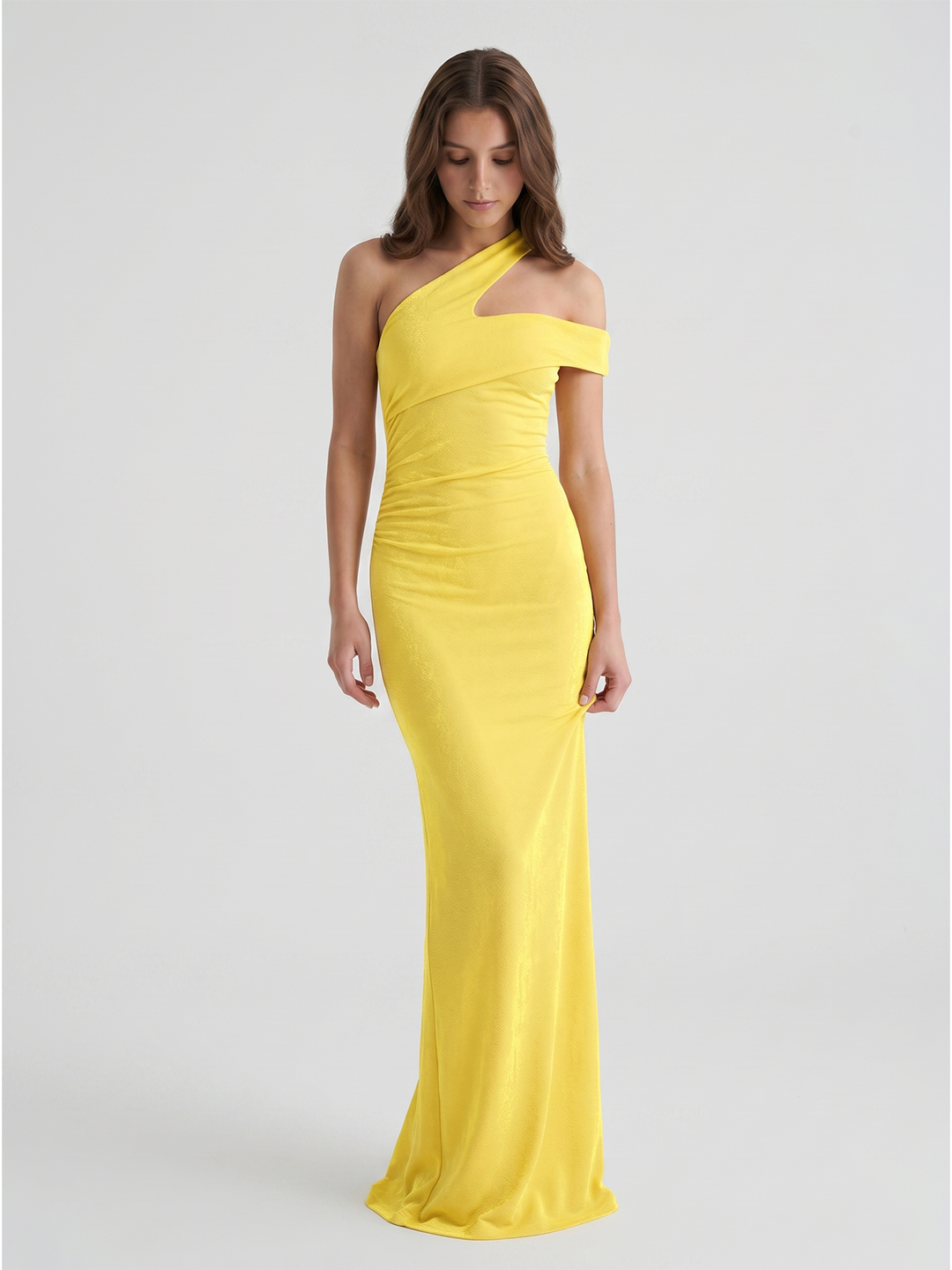 Lemon Stretch knit Sheath One Shoulder Side Zip Ankle Bridesmaid Dress with Pleats-1