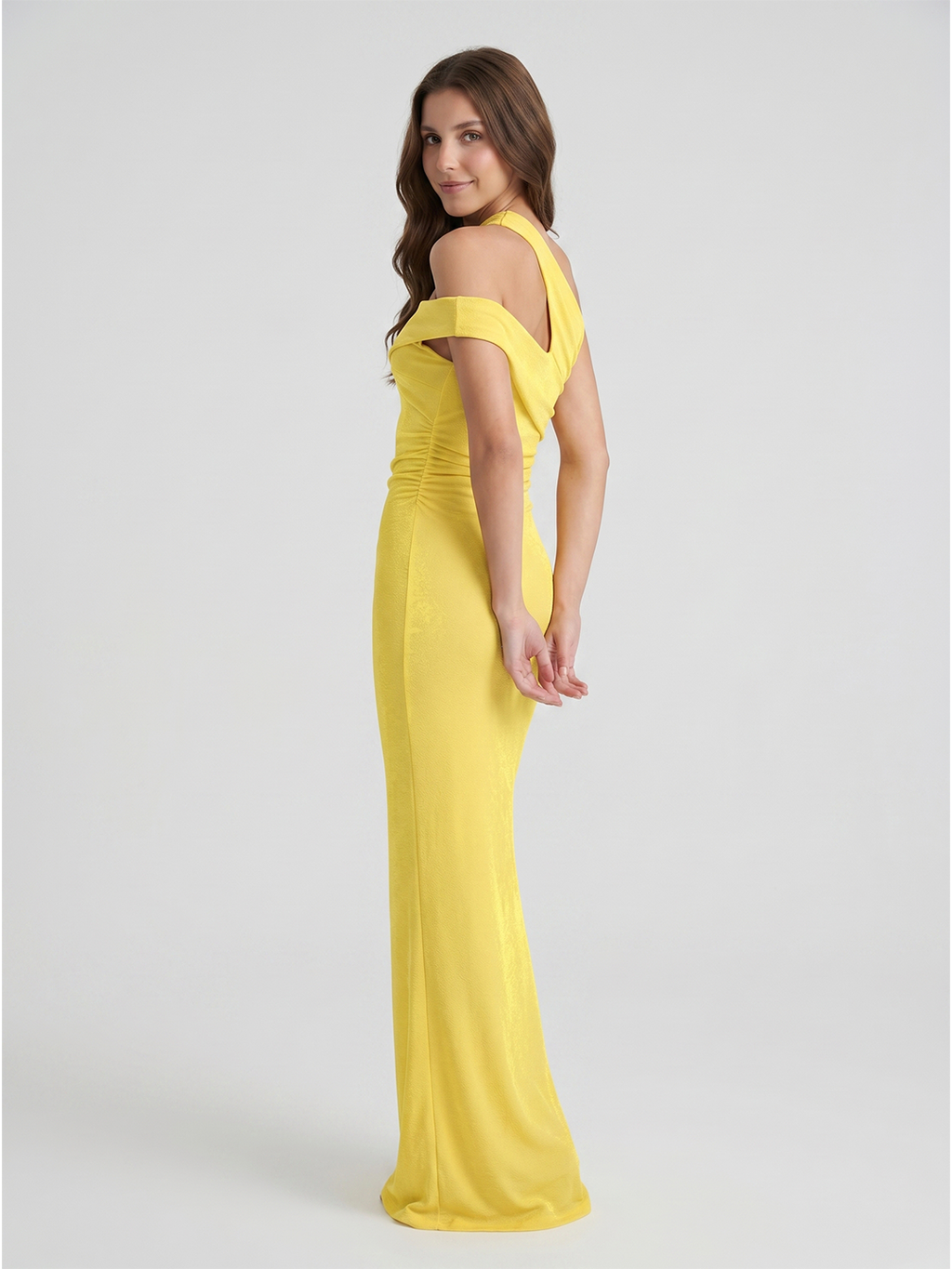 Lemon Stretch knit Sheath One Shoulder Side Zip Ankle Bridesmaid Dress with Pleats-1