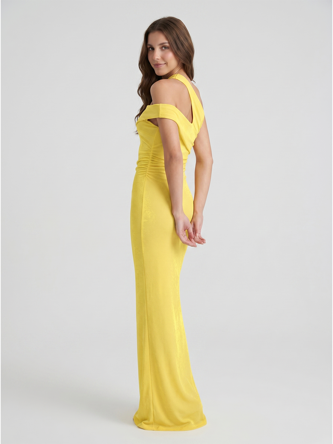 Lemon Stretch knit Sheath One Shoulder Side Zip Ankle Bridesmaid Dress with Pleats-1