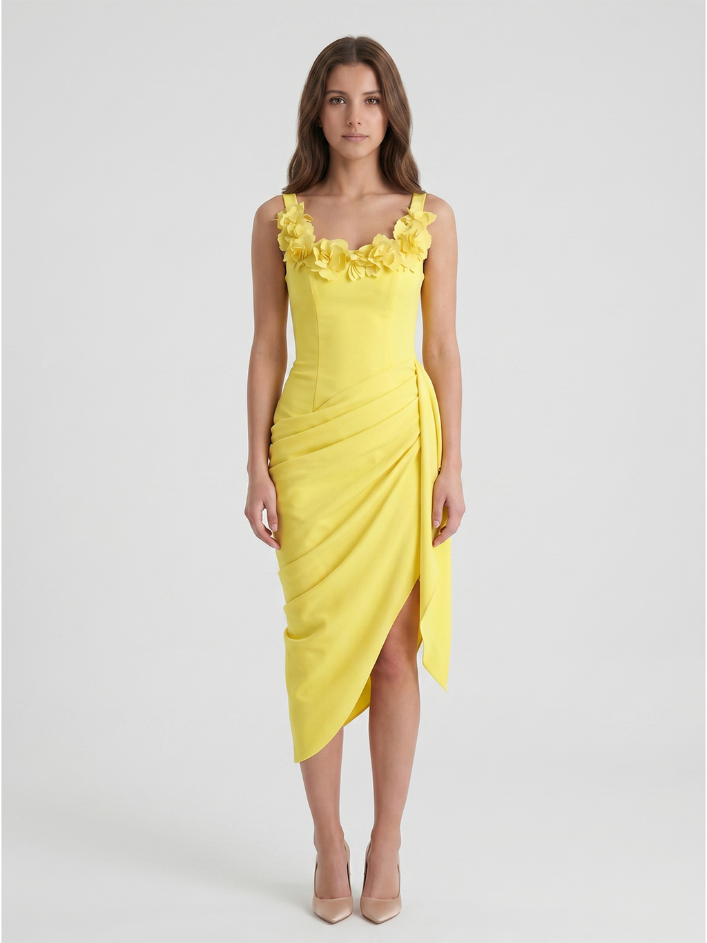 Lemon Stretch Knit Sheath Scoop Neck Backless Knee-Length Bridesmaid Dress with 3D Flower
