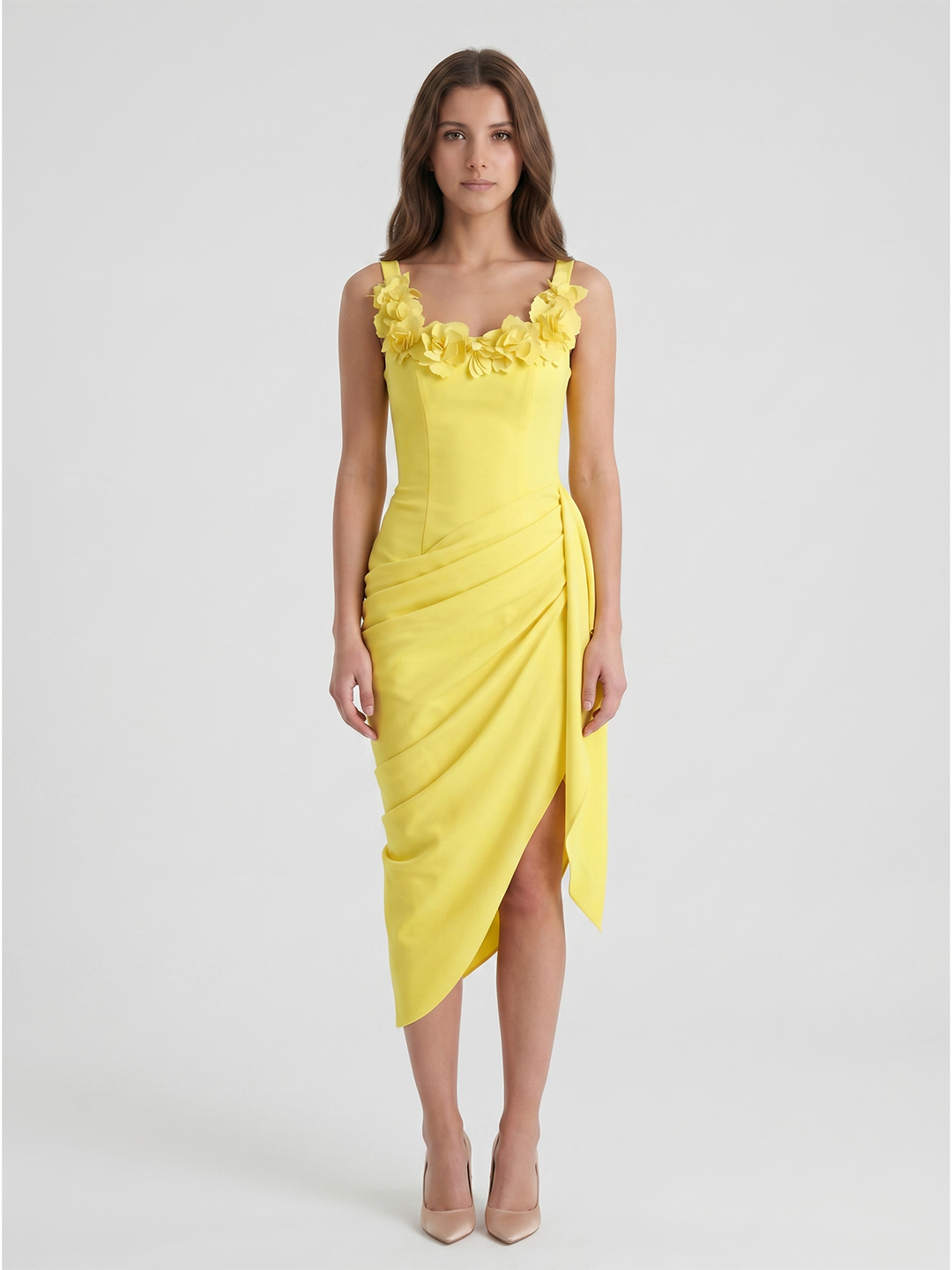 Lemon Stretch Knit Sheath Scoop Neck Backless Knee-Length Bridesmaid Dress with 3D Flower