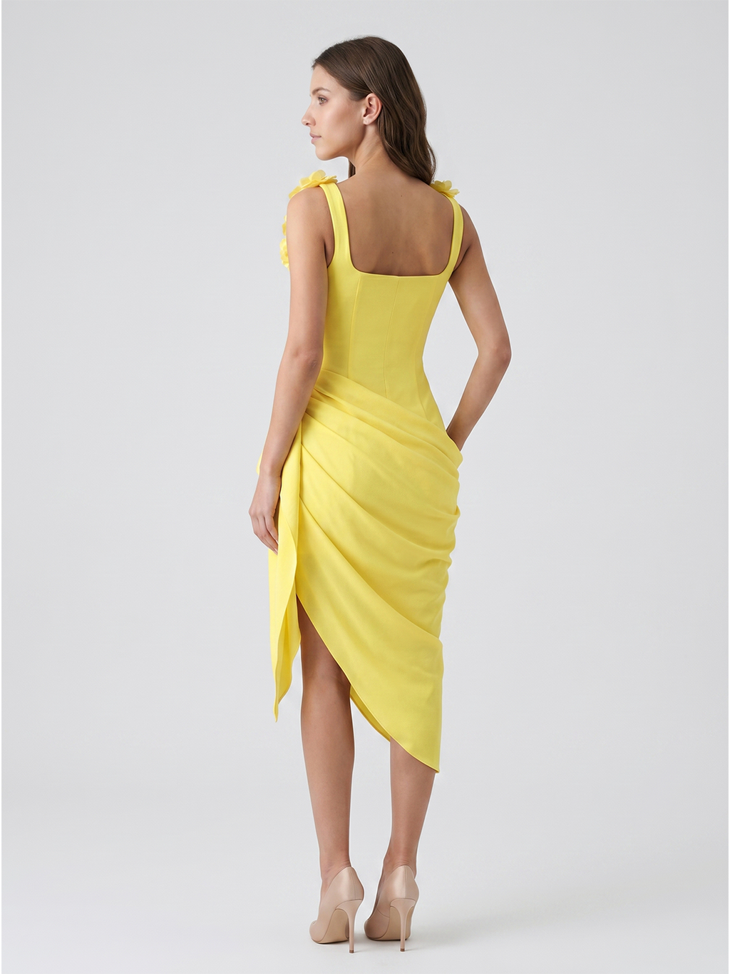 Lemon Stretch Knit Sheath Scoop Neck Backless Knee-Length Bridesmaid Dress with 3D Flower