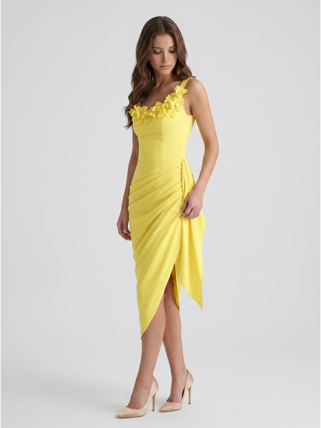 Lemon Stretch Knit Sheath Scoop Neck Backless Knee-Length Bridesmaid Dress with 3D Flower