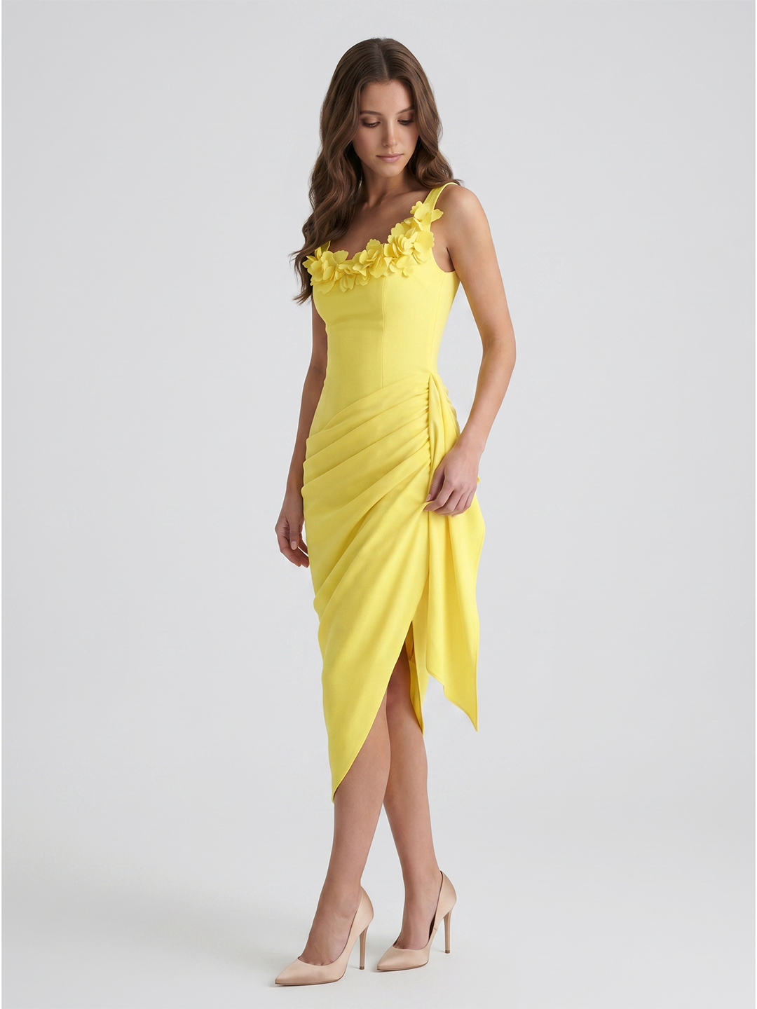 Lemon Stretch Knit Sheath Scoop Neck Backless Knee-Length Bridesmaid Dress with 3D Flower