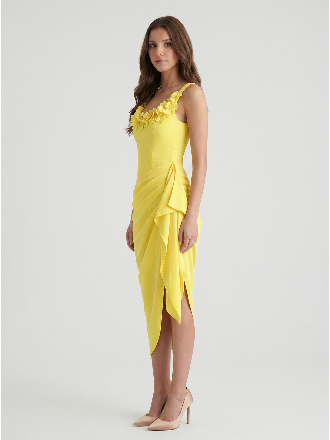 Lemon Stretch Knit Sheath Scoop Neck Backless Knee-Length Bridesmaid Dress with 3D Flower
