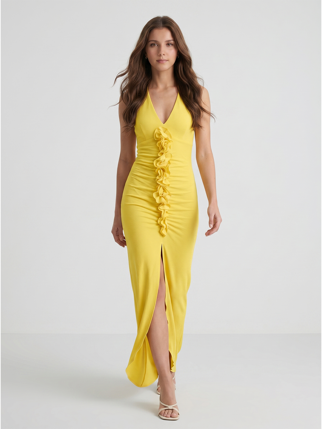 Lemon Stretch Knit Sheath V-Neck Backless Ankle Bridesmaid Dress with 3D Flower