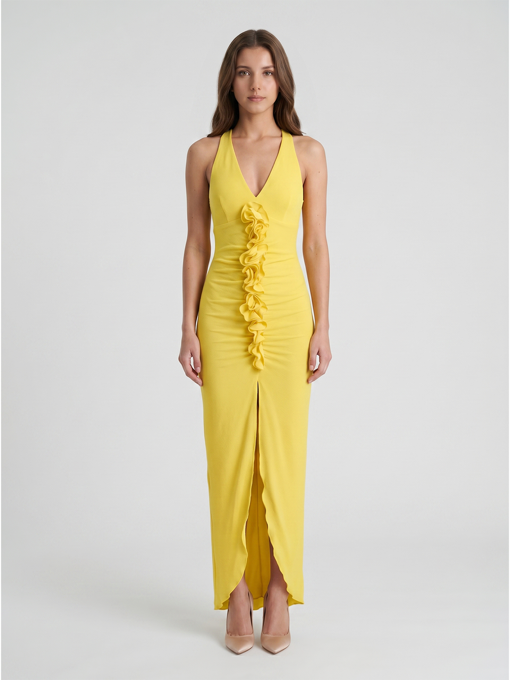 Lemon Stretch Knit Sheath V-Neck Backless Ankle Bridesmaid Dress with 3D Flower