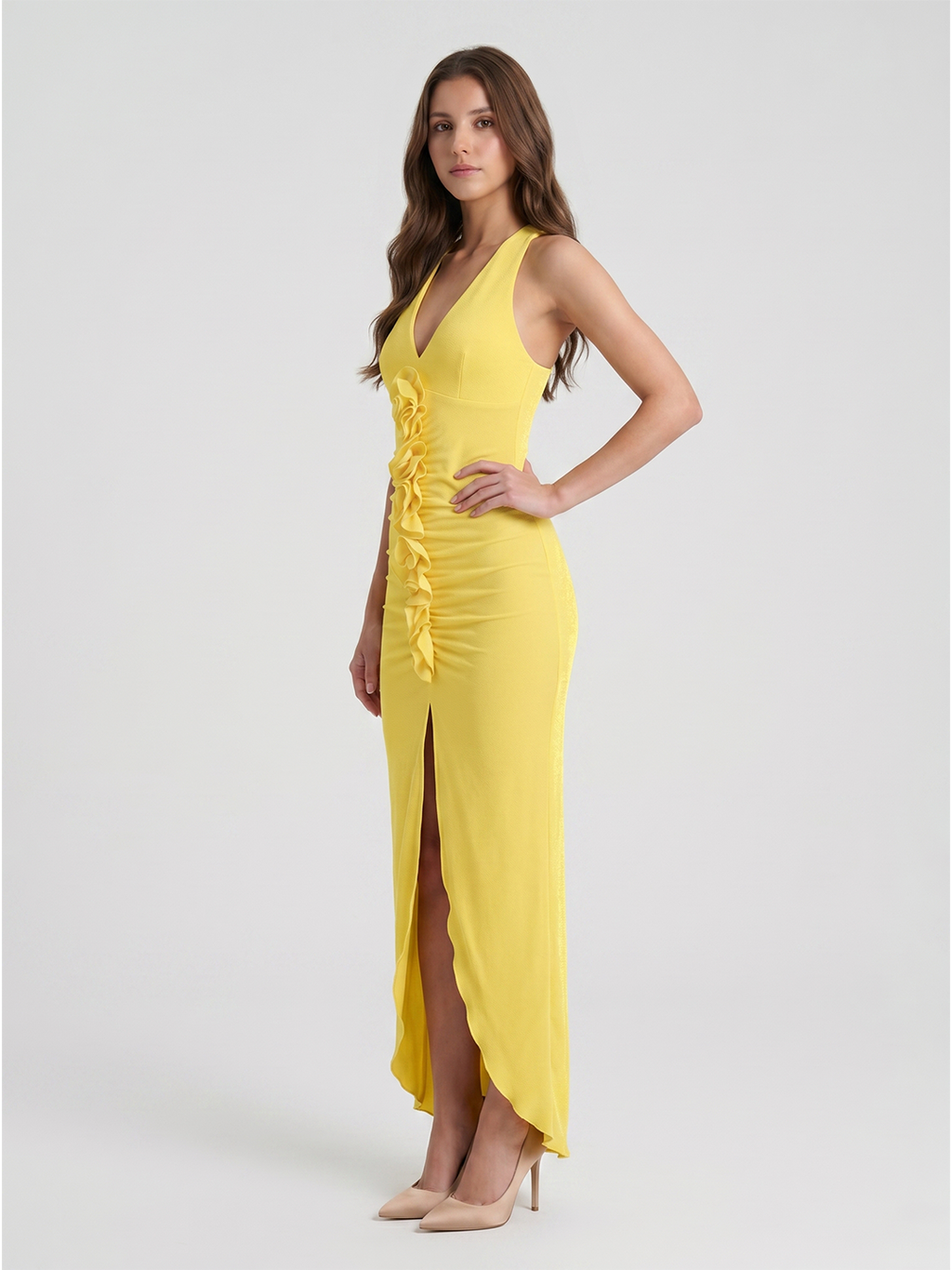 Lemon Stretch Knit Sheath V-Neck Backless Ankle Bridesmaid Dress with 3D Flower