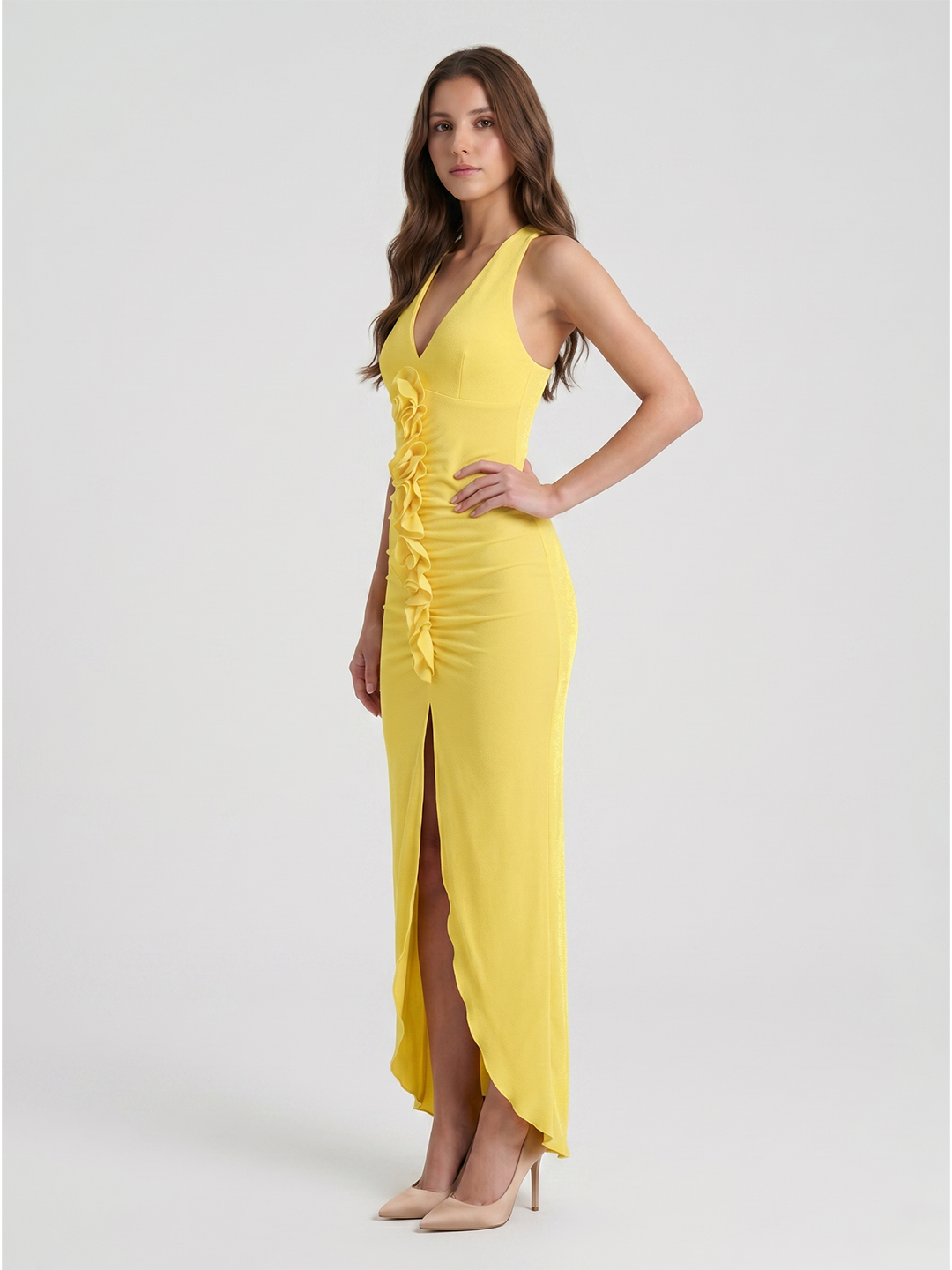 Lemon Stretch Knit Sheath V-Neck Backless Ankle Bridesmaid Dress with 3D Flower