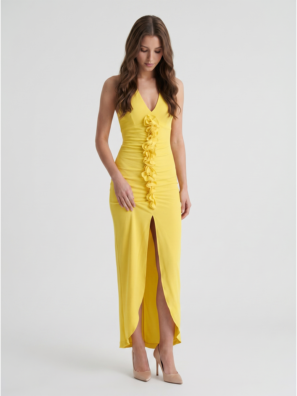 Lemon Stretch Knit Sheath V-Neck Backless Ankle Bridesmaid Dress with 3D Flower