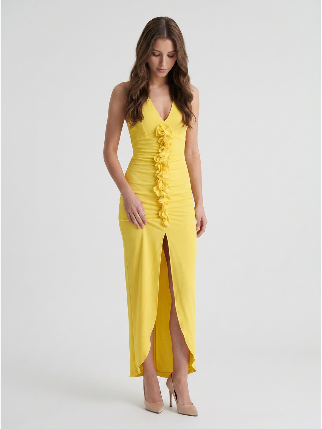 Lemon Stretch Knit Sheath V-Neck Backless Ankle Bridesmaid Dress with 3D Flower