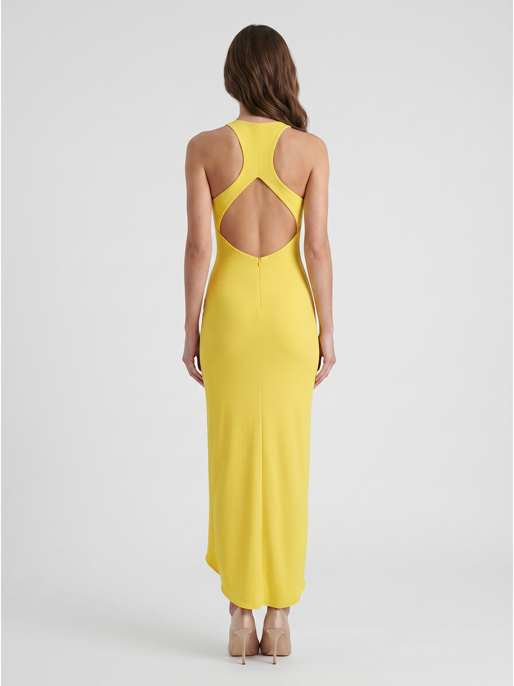 Lemon Stretch Knit Sheath V-Neck Backless Ankle Bridesmaid Dress with 3D Flower