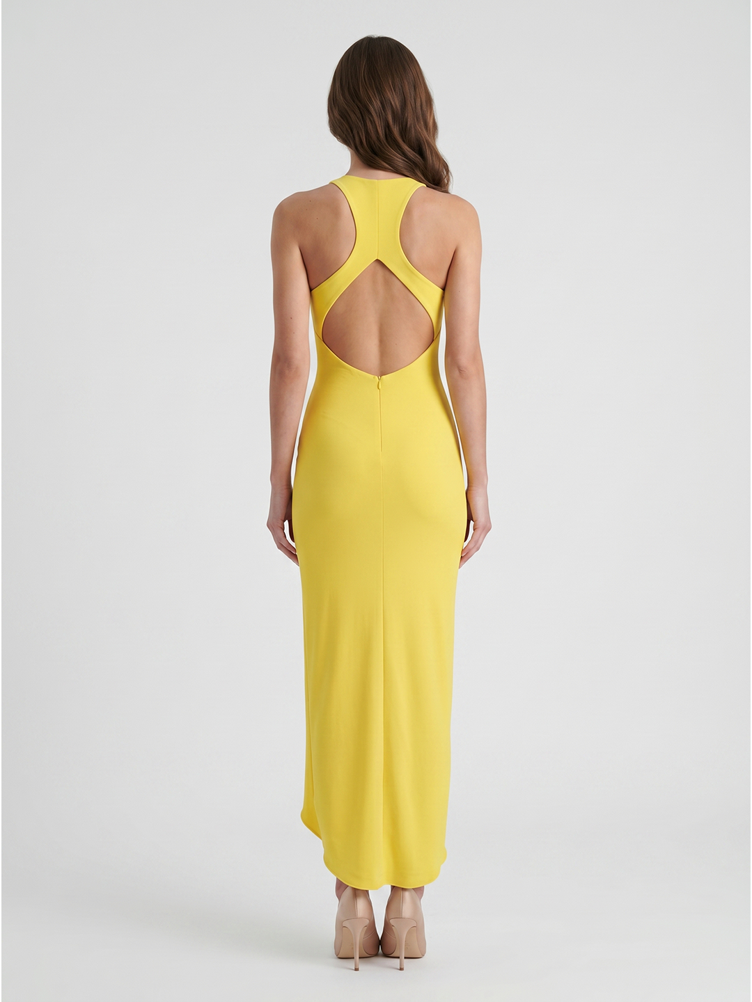 Lemon Stretch Knit Sheath V-Neck Backless Ankle Bridesmaid Dress with 3D Flower
