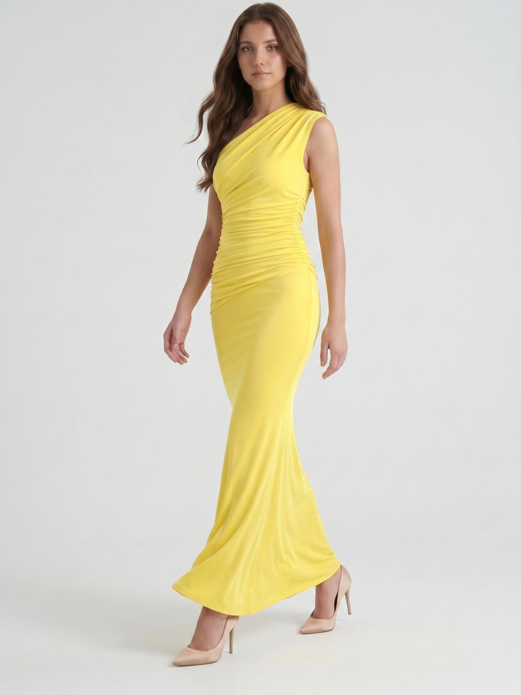 Lemon Stretch Knit Trumpet One Shoulder Backless Ankle-Length Bridesmaid Dress with Pleats