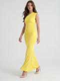 Lemon Stretch Knit Trumpet One Shoulder Backless Ankle-Length Bridesmaid Dress with Pleats