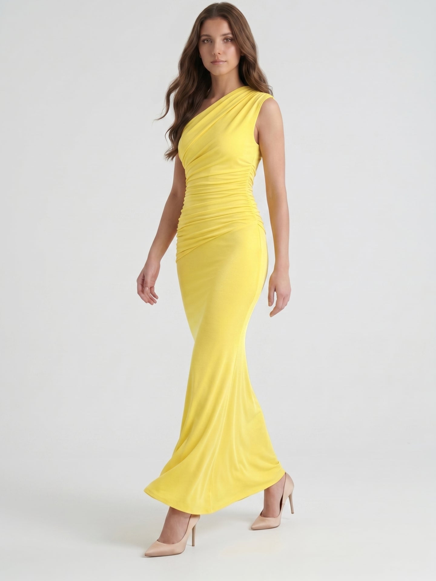Lemon Stretch Knit Trumpet One Shoulder Backless Ankle-Length Bridesmaid Dress with Pleats