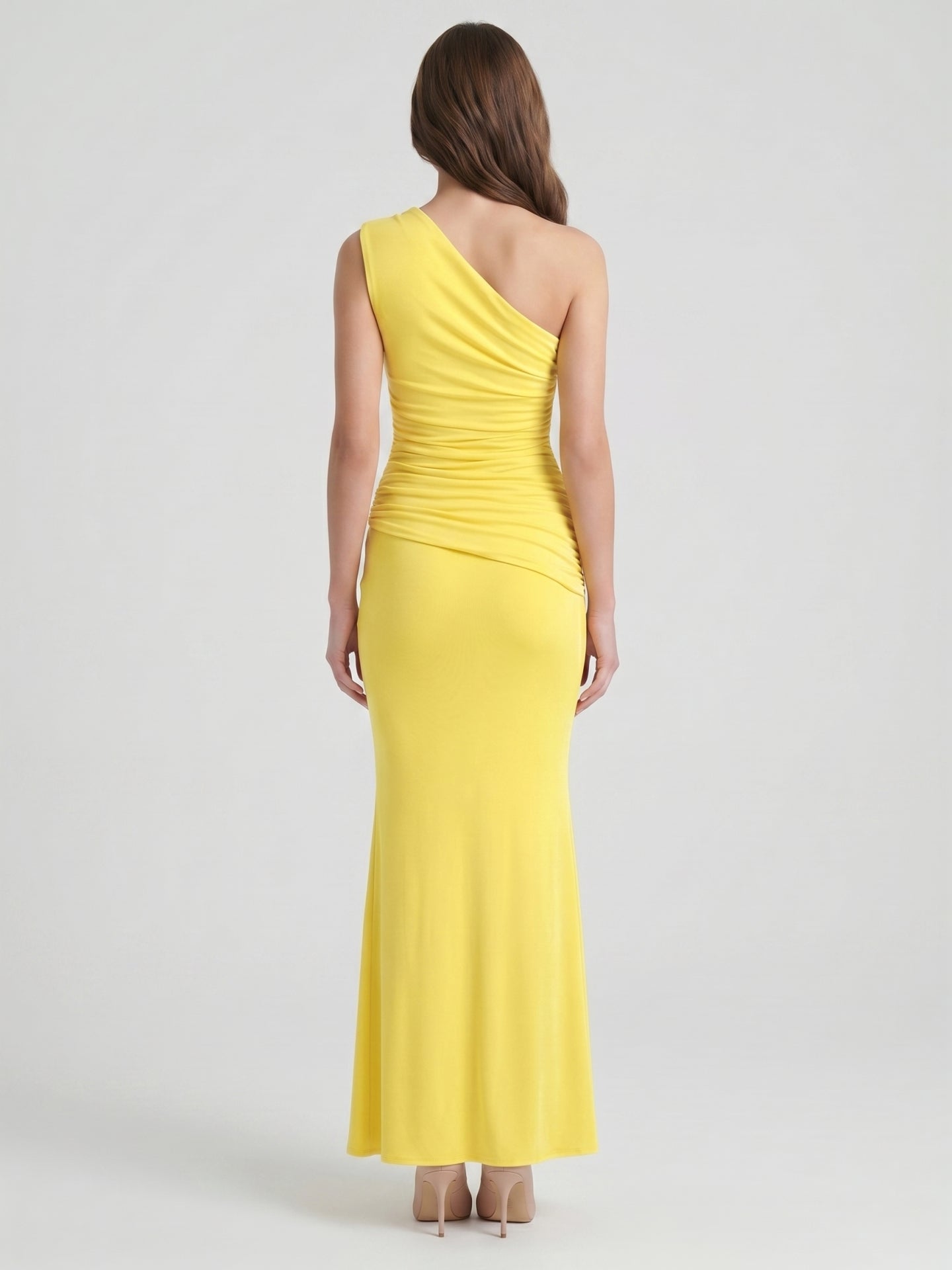 Lemon Stretch Knit Trumpet One Shoulder Backless Ankle-Length Bridesmaid Dress with Pleats