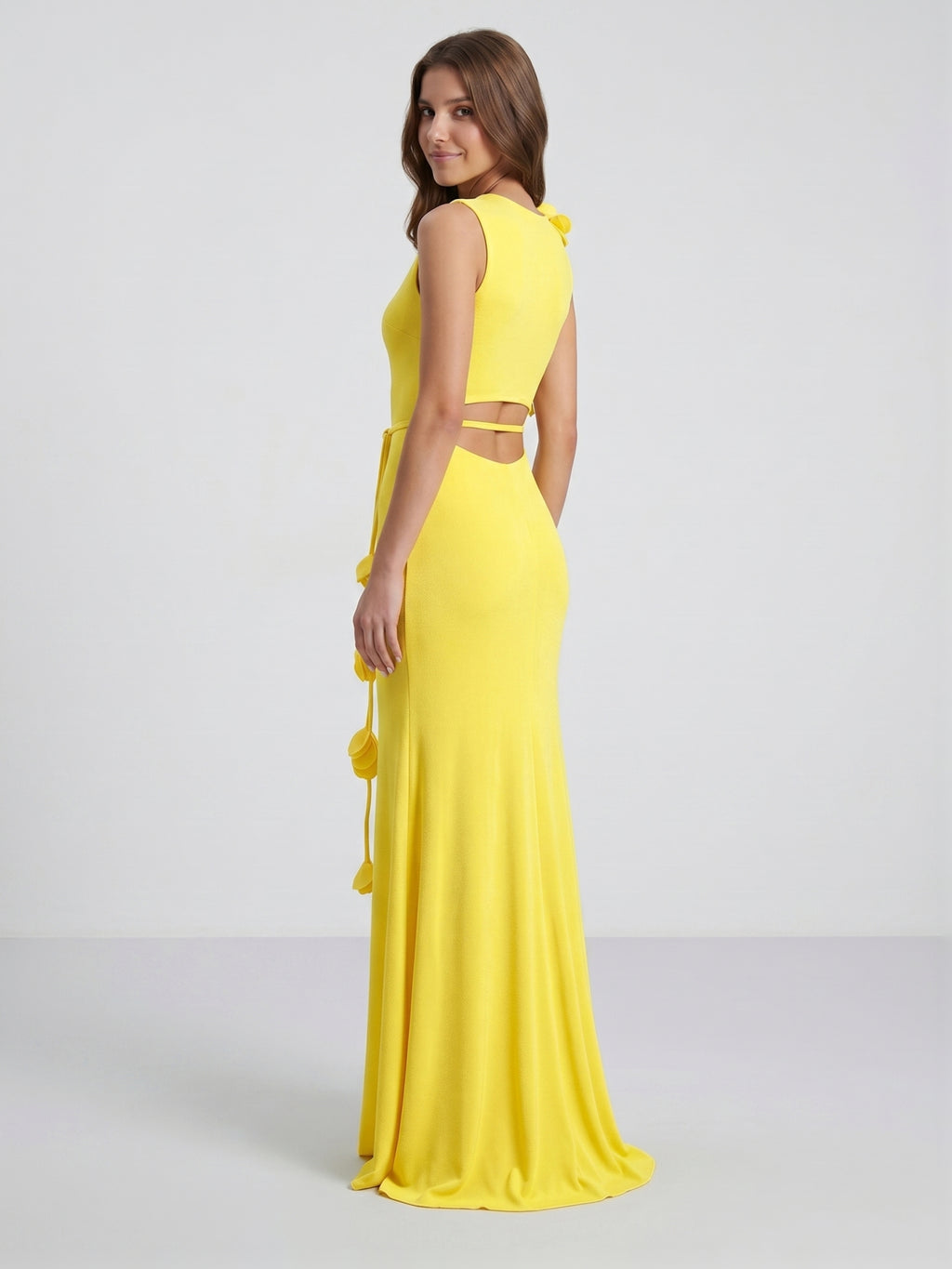Lemon Stretch Knit Trumpet Scoop Neck Keyhole Back Floor Bridesmaid Dress with 3D Flower