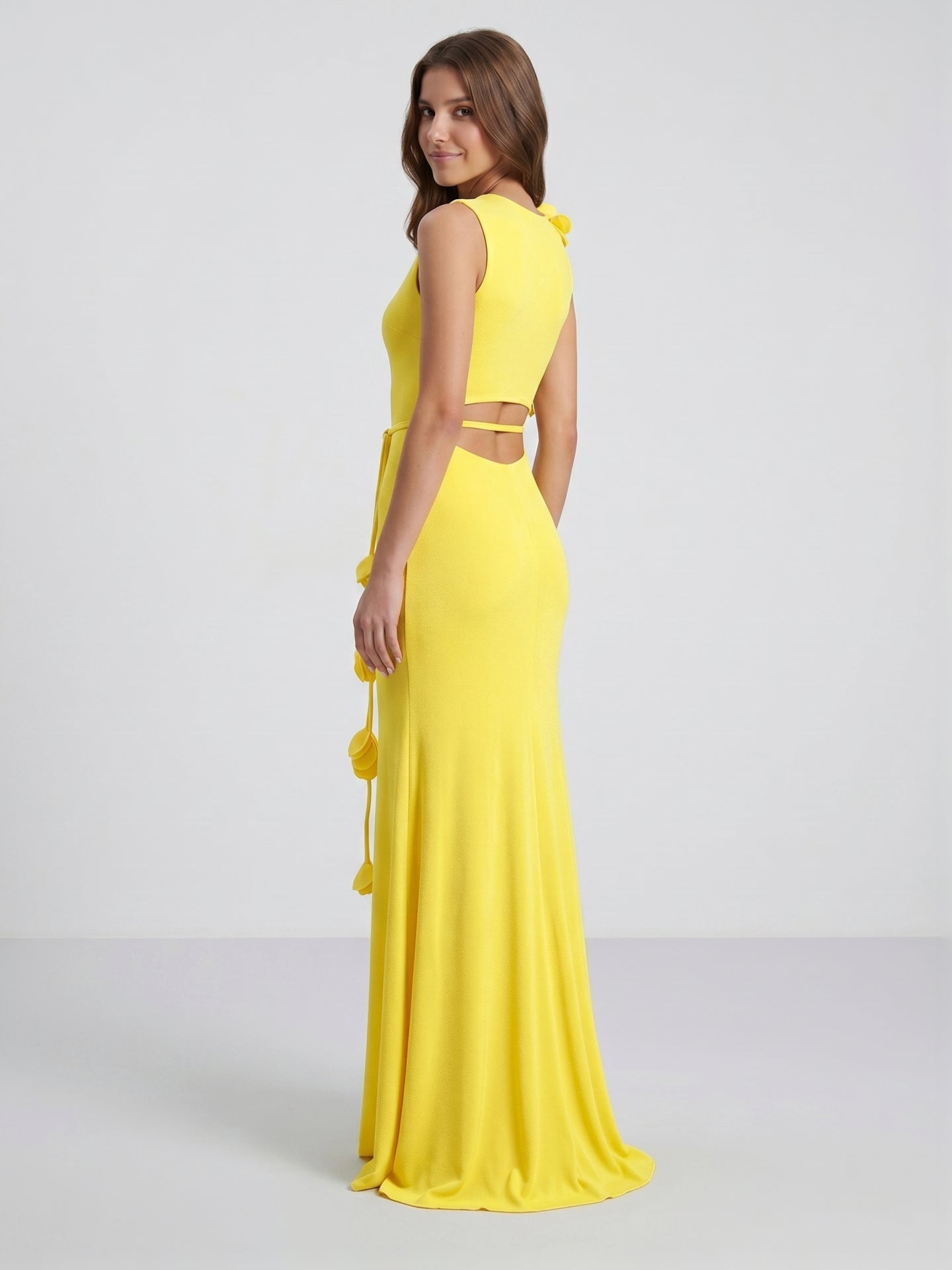 Lemon Stretch Knit Trumpet Scoop Neck Keyhole Back Floor Bridesmaid Dress with 3D Flower