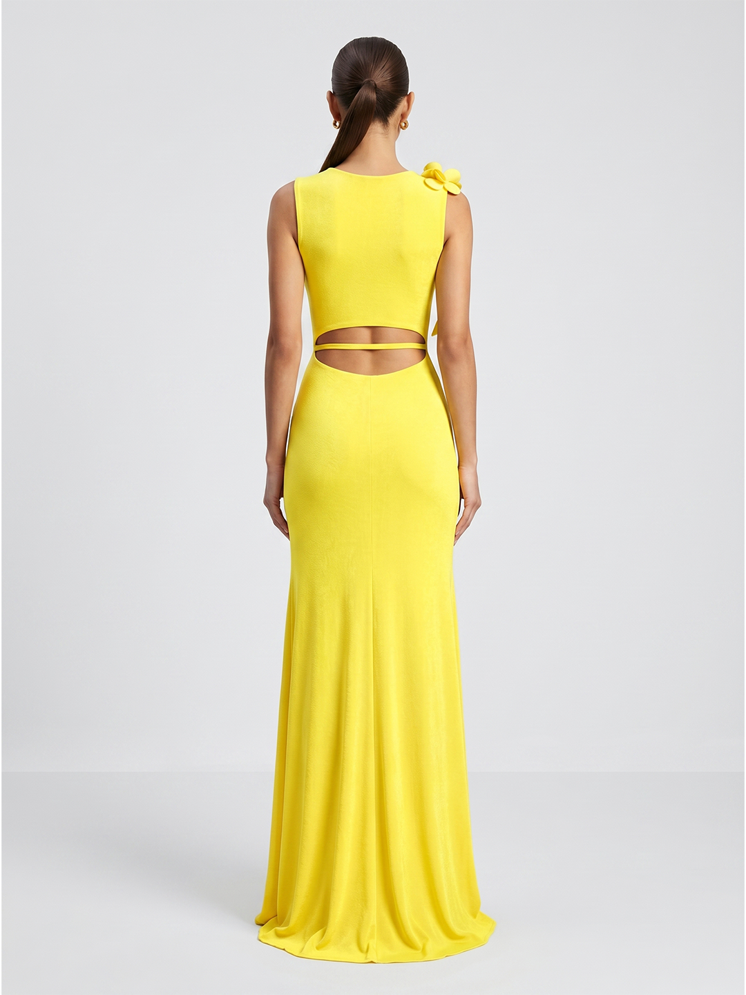 Lemon Stretch Knit Trumpet Scoop Neck Keyhole Back Floor Bridesmaid Dress with 3D Flower
