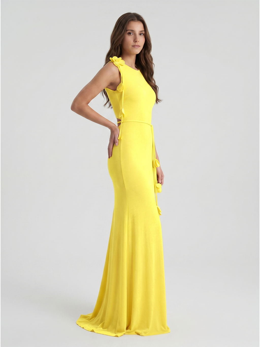 Lemon Stretch Knit Trumpet Scoop Neck Keyhole Back Floor Bridesmaid Dress with 3D Flower