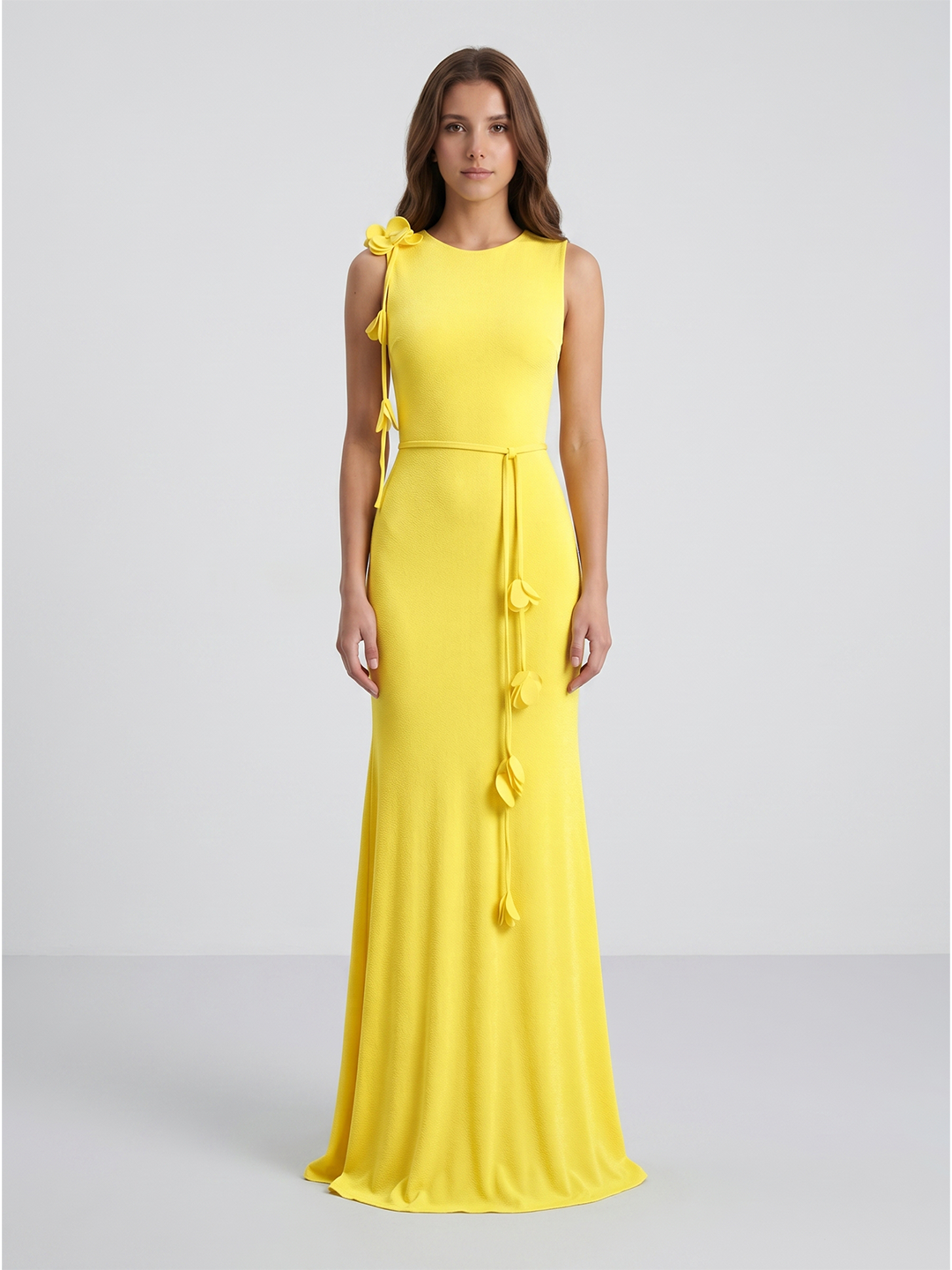Lemon Stretch Knit Trumpet Scoop Neck Keyhole Back Floor Bridesmaid Dress with 3D Flower