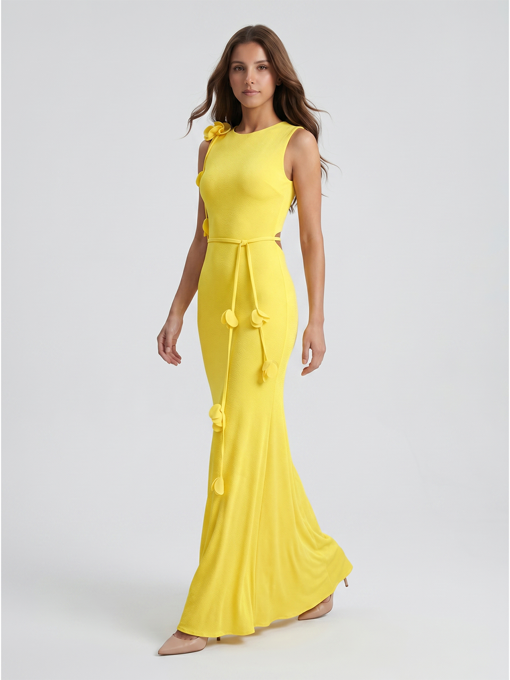 Lemon Stretch Knit Trumpet Scoop Neck Keyhole Back Floor Bridesmaid Dress with 3D Flower