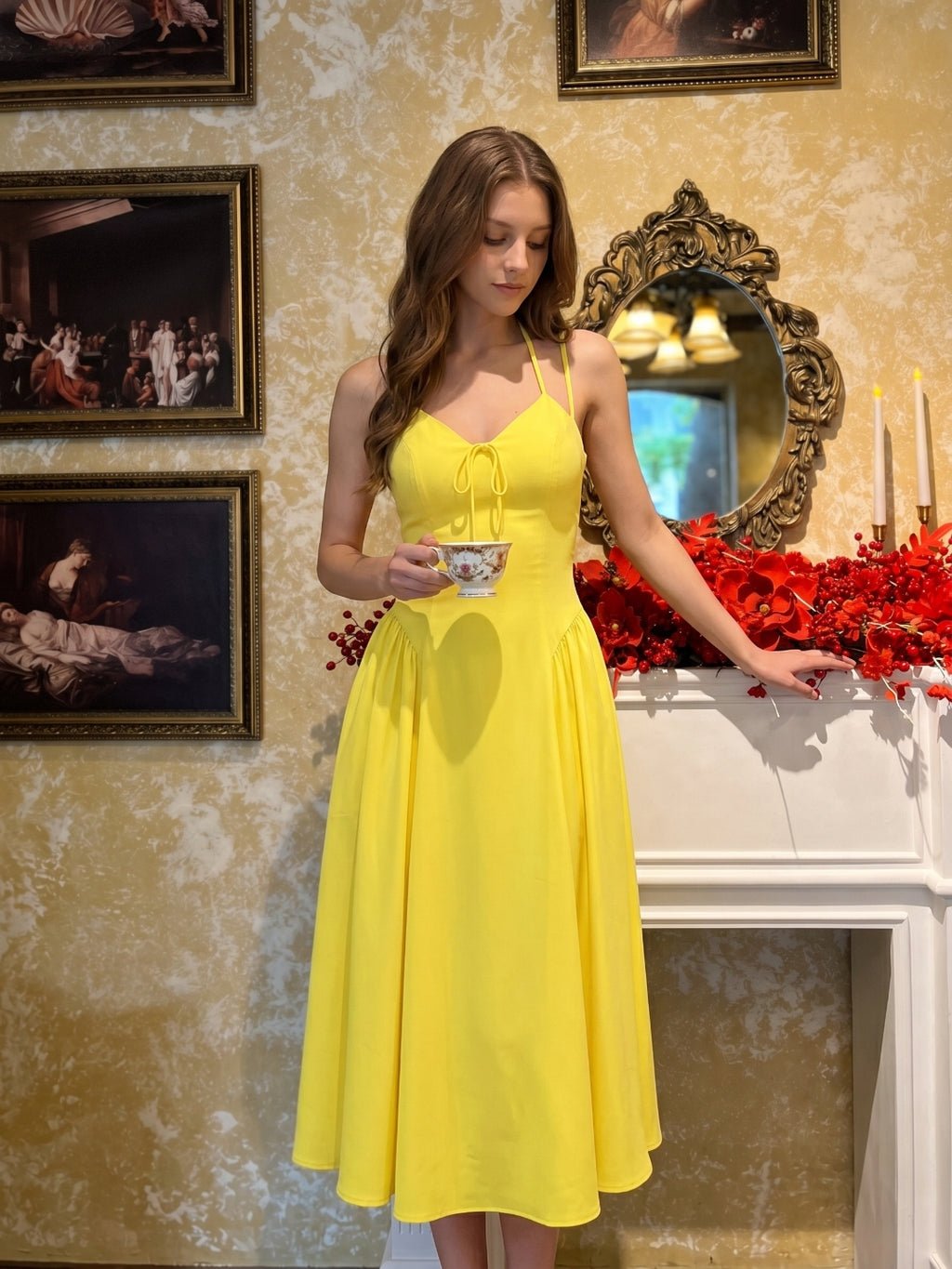 Lemon Stretch Knit A-Line Halter Backless Ankle-Length Bridesmaid Dress with Pleats-1