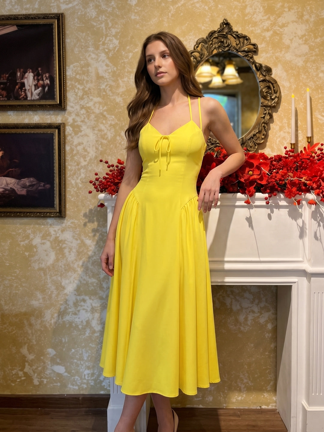 Lemon Stretch Knit A-Line Halter Backless Ankle-Length Bridesmaid Dress with Pleats-1