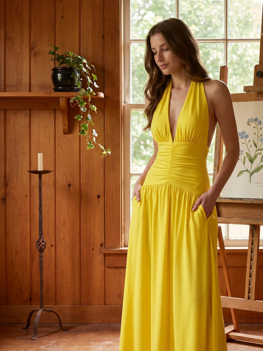 Lemon Stretch Knit A-Line Halter Backless Ankle-Length Bridesmaid Dress with Pleats