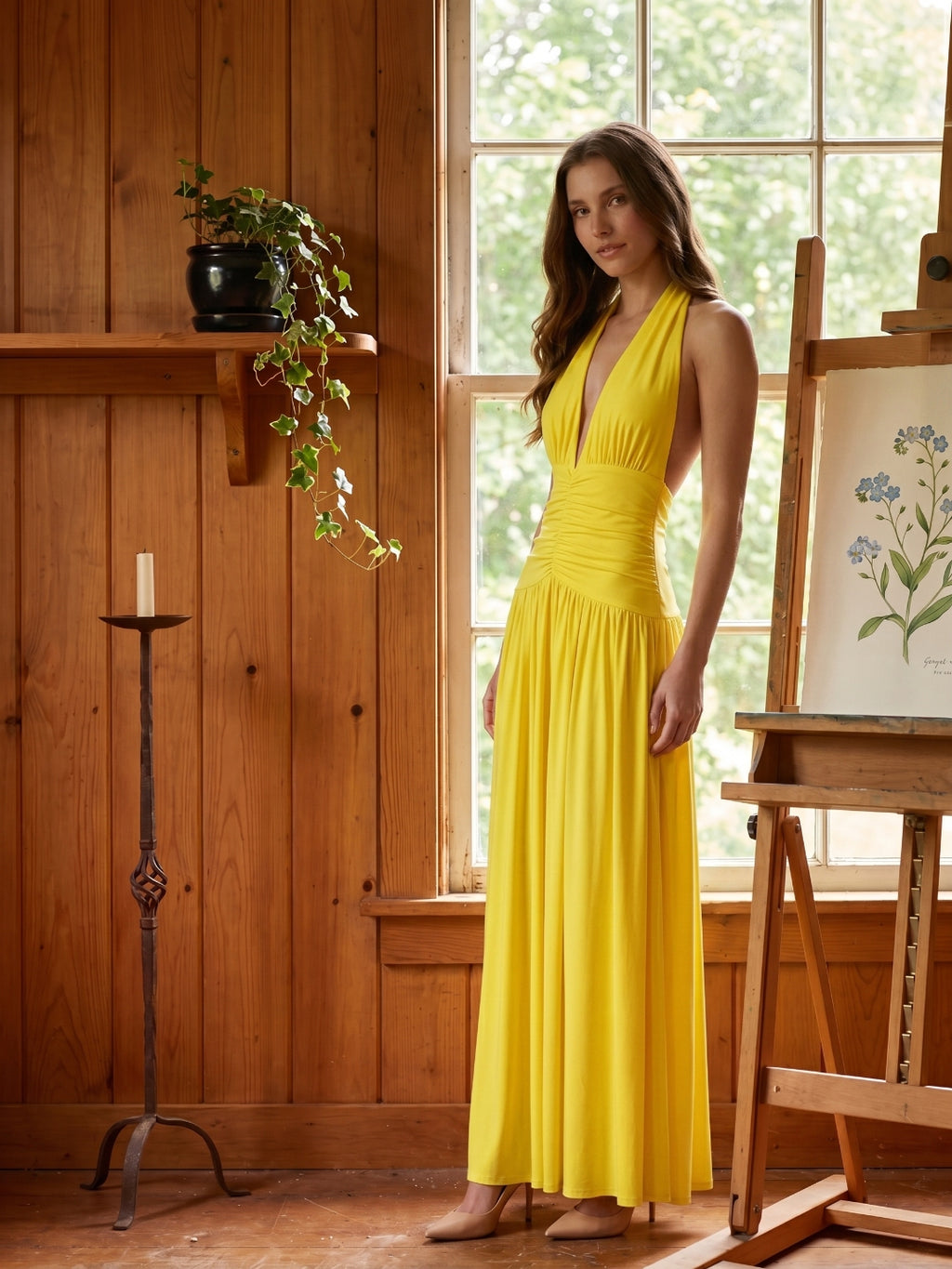 Lemon Stretch Knit A-Line Halter Backless Ankle-Length Bridesmaid Dress with Pleats