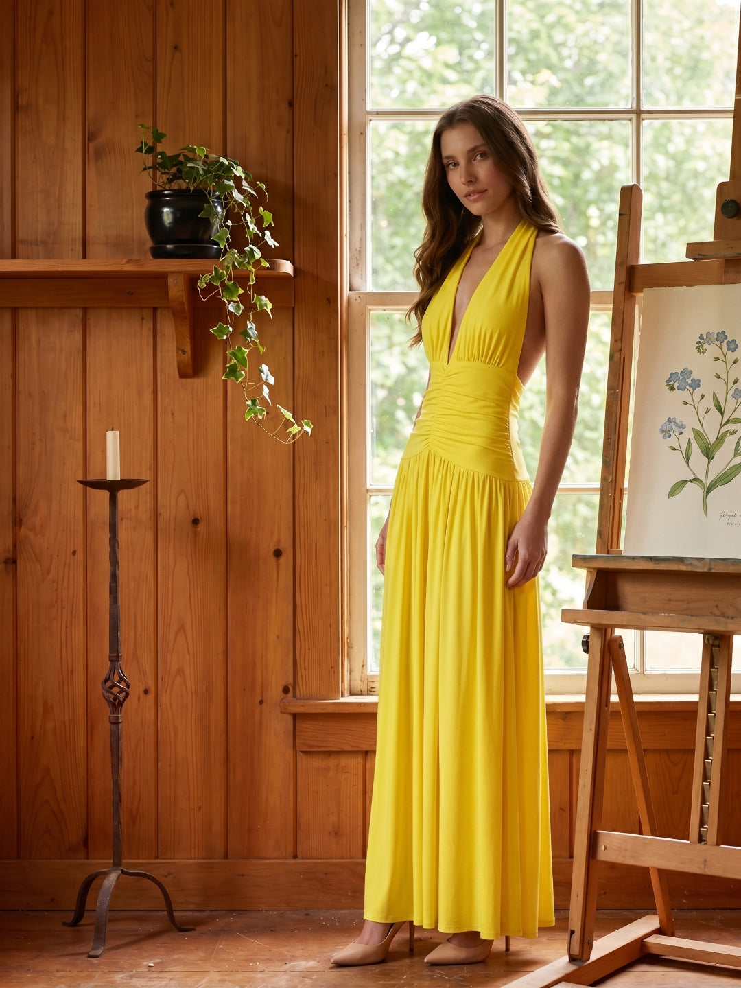 Lemon Stretch Knit A-Line Halter Backless Ankle-Length Bridesmaid Dress with Pleats