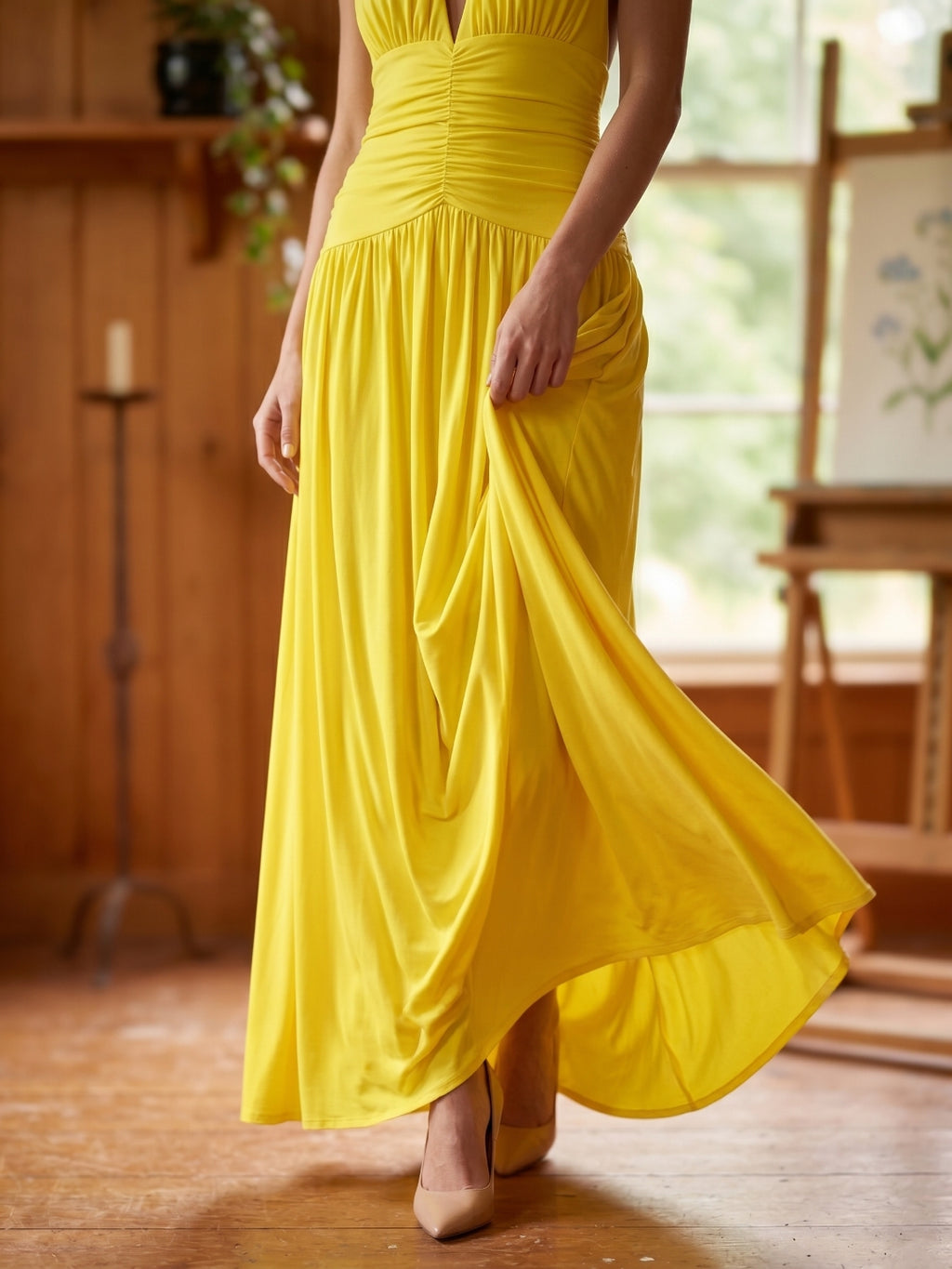 Lemon Stretch Knit A-Line Halter Backless Ankle-Length Bridesmaid Dress with Pleats