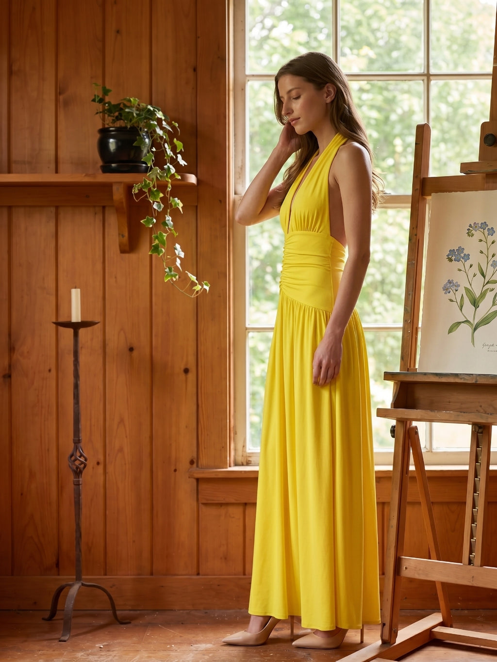 Lemon Stretch Knit A-Line Halter Backless Ankle-Length Bridesmaid Dress with Pleats
