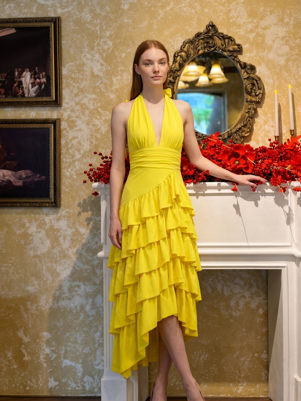 Lemon Stretch Knit A-Line Halter Backless Asymmetrical Bridesmaid Dress with Cascading Ruffles