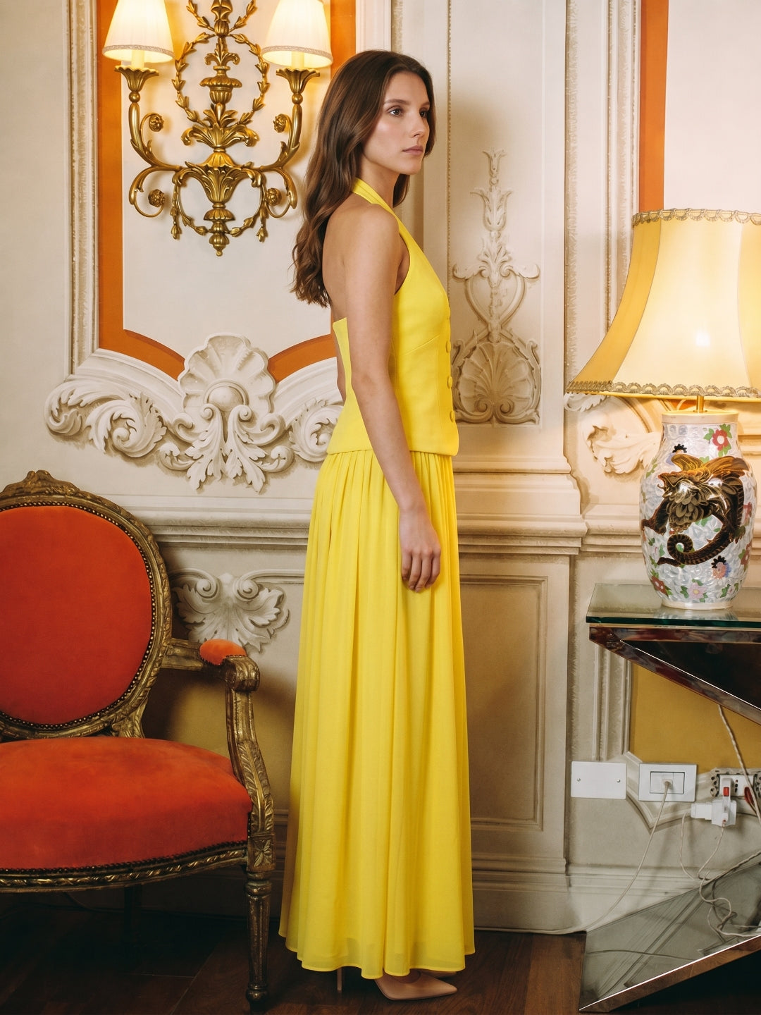 Lemon Stretch Knit A-Line Halter Backless Floor-Length Bridesmaid Dress