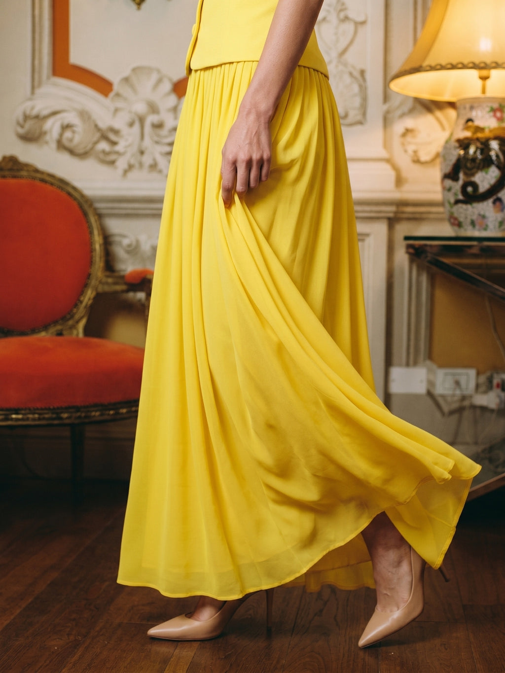 Lemon Stretch Knit A-Line Halter Backless Floor-Length Bridesmaid Dress