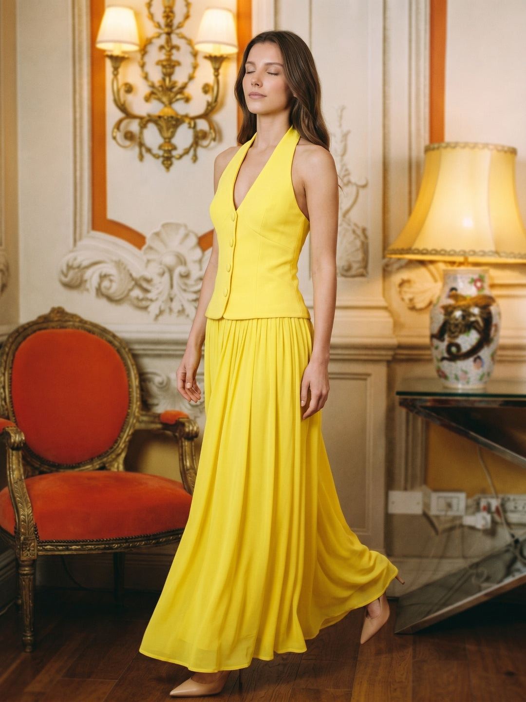 Lemon Stretch Knit A-Line Halter Backless Floor-Length Bridesmaid Dress