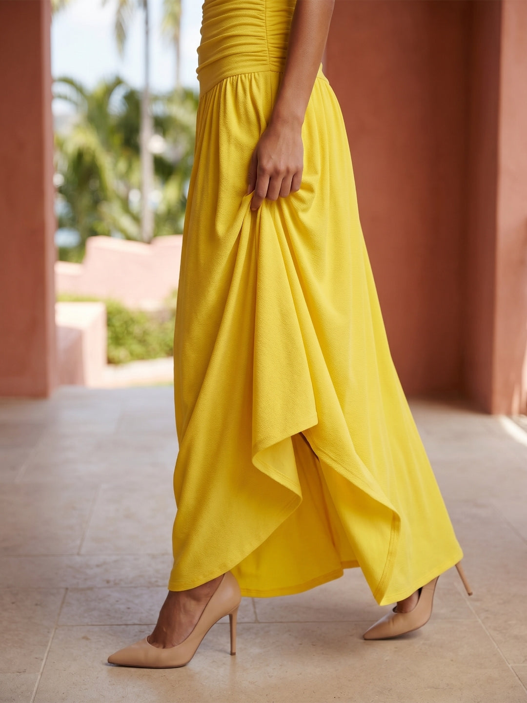 Lemon Stretch Knit A-Line Halter Backless Floor-Length Bridesmaid Dress with Pleats