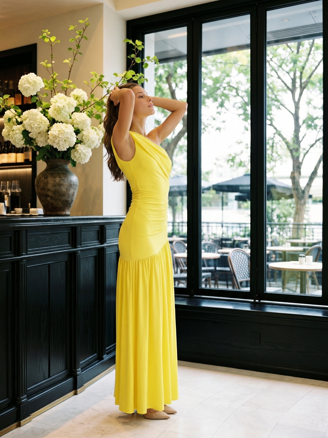 Lemon Stretch Knit A-Line One Shoulder Backless Ankle-Length Bridesmaid Dress with Pleats