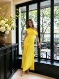 Lemon Stretch Knit A-Line One Shoulder Backless Ankle-Length Bridesmaid Dress with Pleats